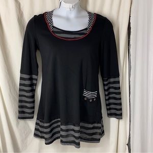 VINTAGE CONCEPT L Black Grey Mixed Media Tunic Pocket Button Detail Top